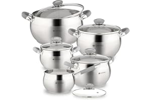 Daniks Modern 10-Piece Stainless Steel Induction Cookware Set – Dishwasher Safe Saucepan, Pots with Heatproof Handles, Glass 