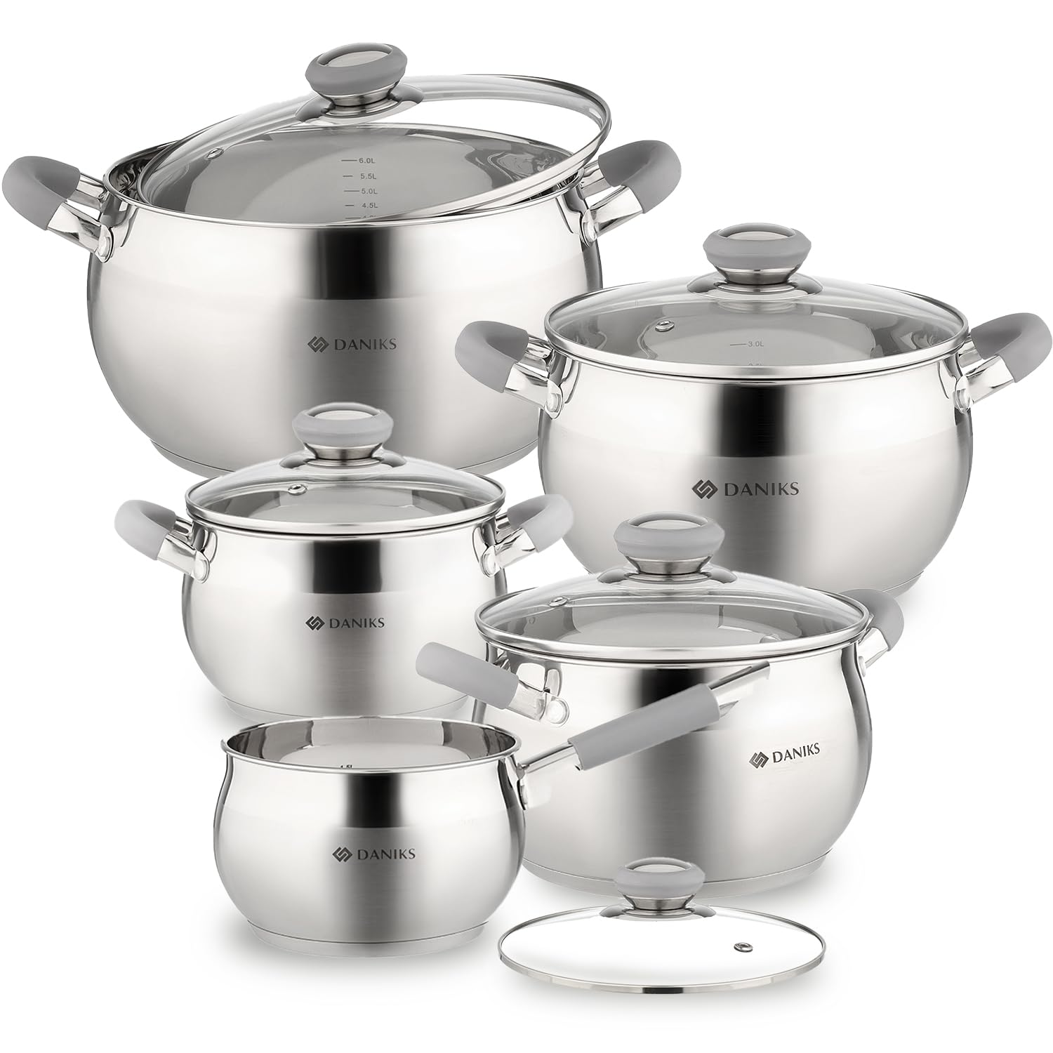 Photo 1 of Daniks Modern 10-Piece Stainless Steel Cookware Set with Glass Lids, Includes Saucepan, Tri-Ply Bases for Even Heating, Induction Compatible, Dishwasher Safe, Heatproof Handles