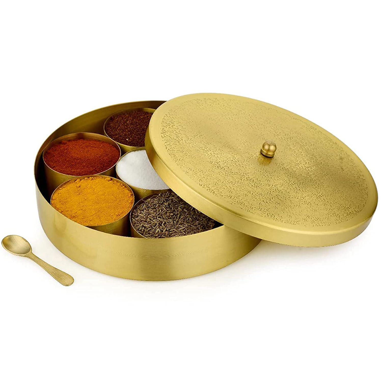 Grainex Brass Indian Spice Box | Round Masala Canister with Embossed Lid | 7 Containers and 1 Designer Spoon, Spice Box Organizer