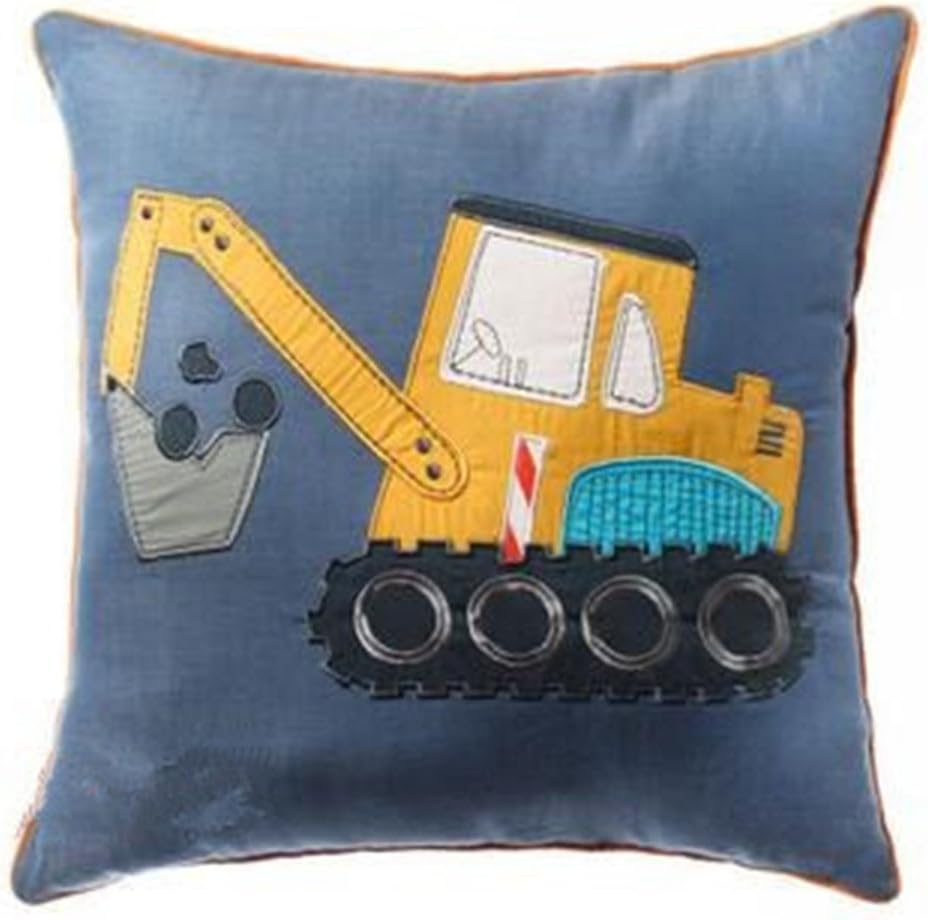 Jameswish 100% Cotton Square Kids Pillow Construction Vehicle Trucks Applique Super Soft Comfortable Eco-Friendly Leisure Pillow Washable Machine 16x16inch