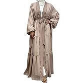 Abayas For Women Muslim Ramadan Long Sleeve Open Front Imitation Pearls Tiered Chiffon Dress Cardigan with Belt Dubai Kaftan