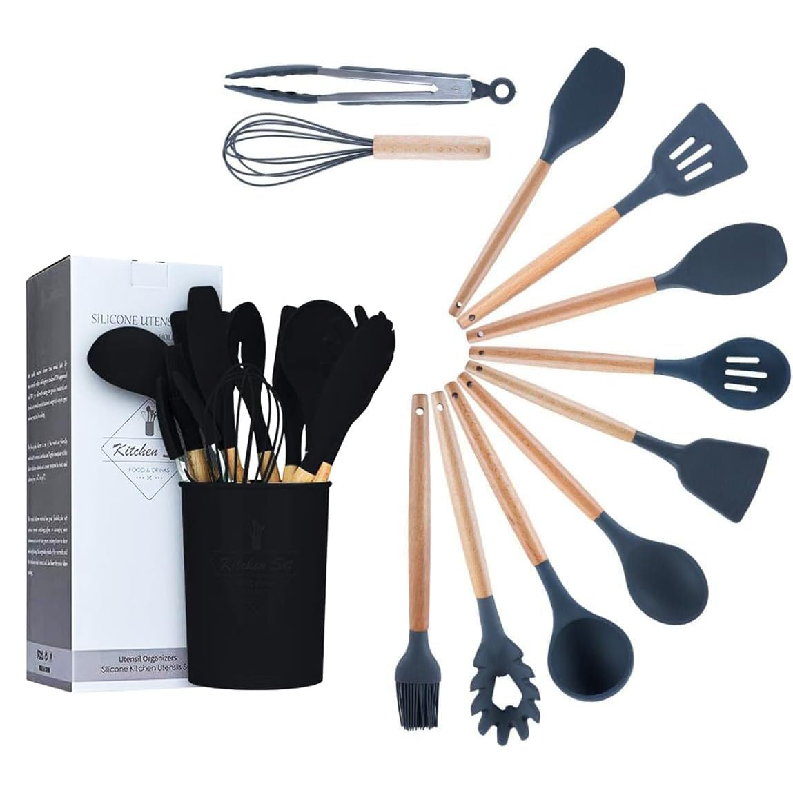 Kitchen Utensil Set, 12 PCS Silicone Cooking Utensils Set with Wooden Handle, Heat Resistant, Nonstick Cookware Tongs Spatula Spoon Set, Dishwasher Safe, Best Kitchen Tools (Black)