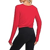 Bestisun Long Sleeve Workout Shirt Cross Back Cropped Running Athletic Tops for Women Thumb Hole