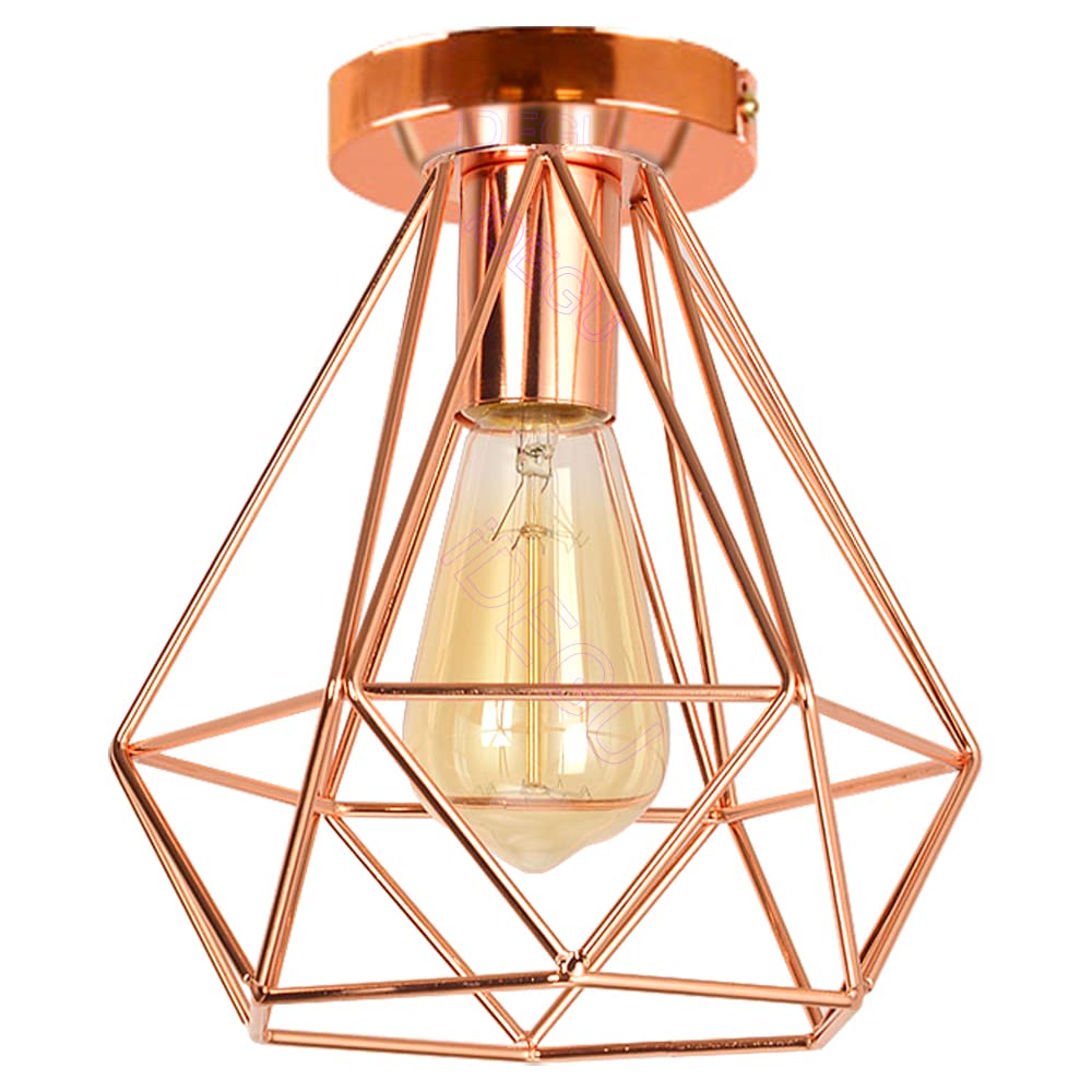 iDEGU Vintage Pendant Light Industrial Metal Cage Diamond Lamp Shape E27 Ceiling Light Fixture for Bedroom, Cafe, Bar, Restaurant, Kitchen, Rose Gold (20cm)