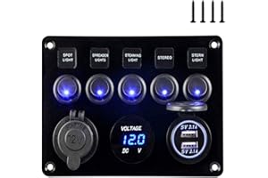 5 Gang Marine Boat Rocker Switch Panel, Waterproof Boat Toggle Switches Panel with 4.2A Dual USB Charger Socket + LED Voltmet
