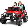 HONEY JOY 2 Seat Ride On Truck, 12V Off-Road Ride On Car with Remote Control, Slow Start, Spring Suspension, LED Lights, Music, 3 Speeds, Battery Powered Electric Vehicle for Two Kids(Red)