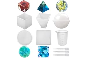 REPINSTA Silicone Resin Molds 5Pcs Resin Casting Molds Including Sphere, Cube, Pyramid, Square, Round with 1 Measuring Cup & 5 Plastic Transfer Pipettes for Resin Epoxy, Candle Wax, Soap, Bowl Mat etc