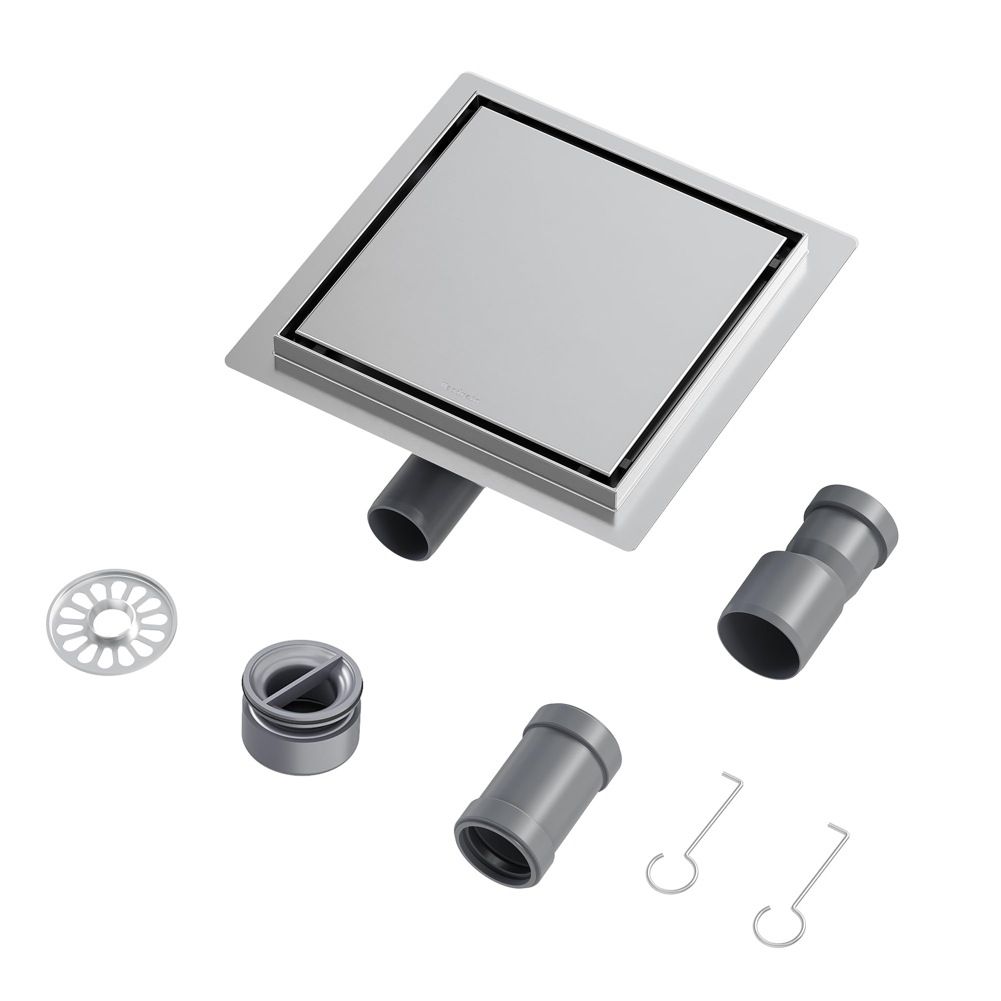 Neodrain Shower Drain 20cm Stainless Steel Square Floor Drain 2 in 1 Tile Insert with 360° Siphon, Hair Strainer and Drain Adapter