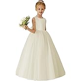 MCieloLuna Flower Girls Dresses for Wedding Satin Tulle Princess Pageant Dress Kids Pearls Prom Ball Gowns with Bow-Knot