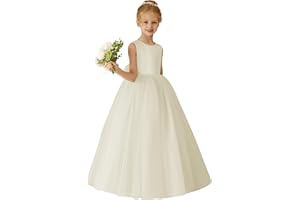 MCieloLuna Flower Girls Dresses for Wedding Satin Tulle Princess Pageant Dress Kids Pearls Prom Ball Gowns with Bow-Knot