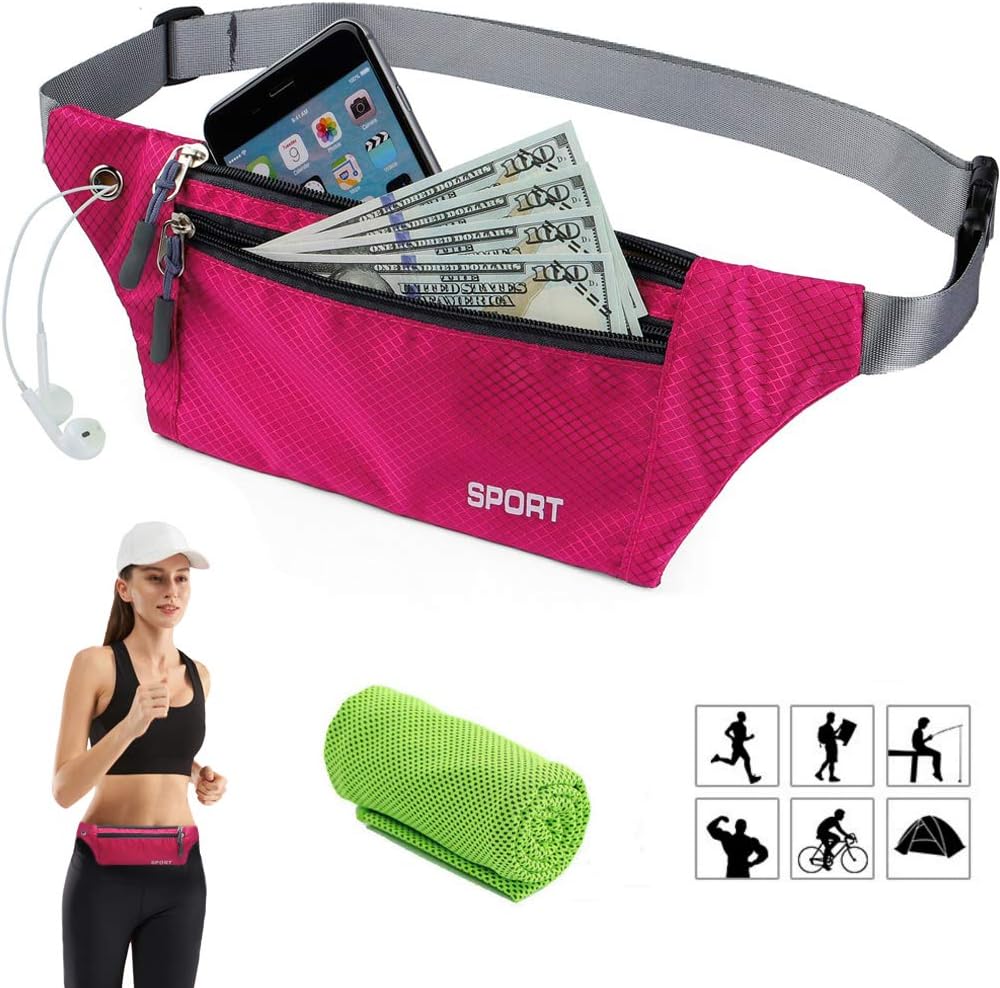 Running Belt Bumbag Fanny Pouch Pack Waterproof Flip Fitness Travel Waist Bum Bag with Dual Pocket Fits All Money Key Mobile Phone Holder for Men Women Runners Gym Yoga Hiking Dog Walking Travelling