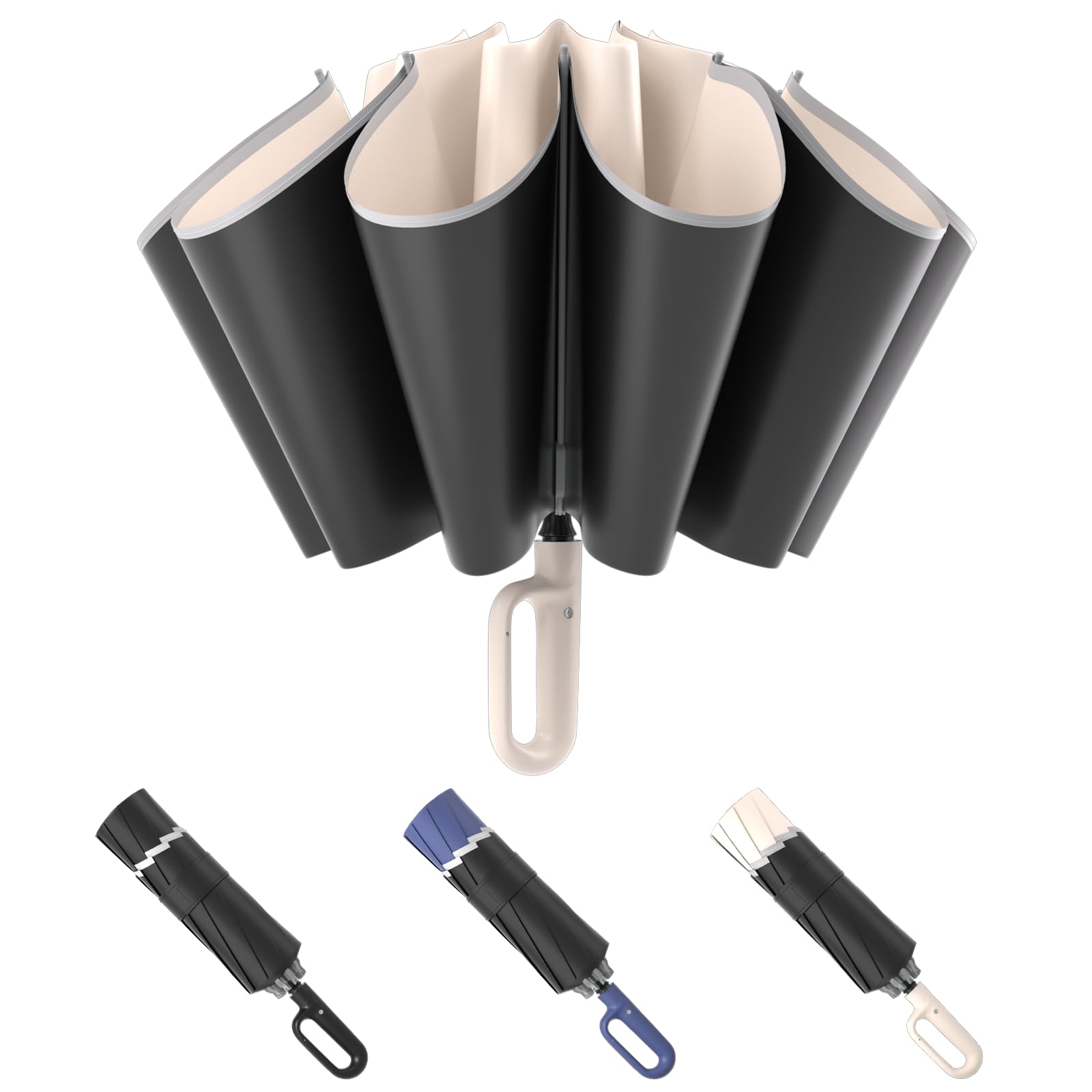 Photo 1 of KAYLEINSTER Inverted Umbrella with Carabiner Clip Handle & Reflective Strip- Reverse Folding Travel Umbrella Compact Auto Open/Close,10 Ribs Windproof for Women Men UV Sun & Rain Protection,Beige