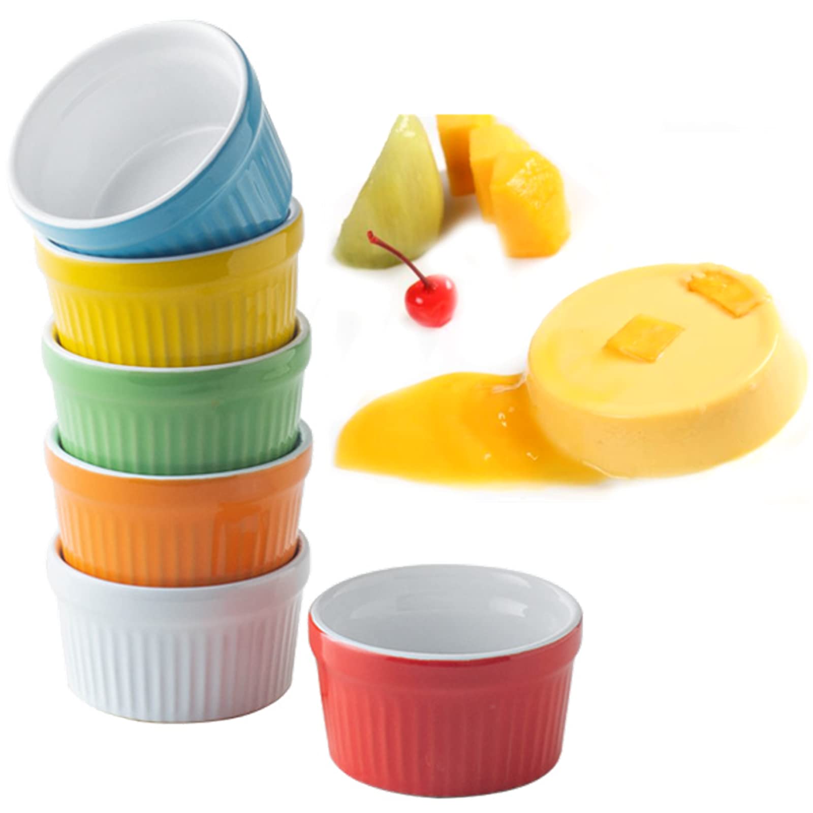 Deyiis Porcelain Souffle Dishes, 6 Pcs Cream Brulee Bowls Varoma Cups, Souffle Moulds Ramekins Souffle Dish Set, Porcelain Ramekins Porcelain Baking Cups for Muffin Cupcakes Pudding Serving Colour