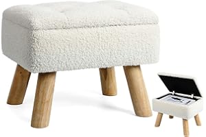 OGEMXU Storage Ottoman, Small Foot Stool Ottoman with Storage, Boucle Teddy Velvet Foot Rest with Padded Seat, Sturdy Wood Legs Stool for Living Room, Bedroom, Couch, Enterway (Cream)