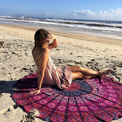Usstore Round Hippie Tapestry Beach Throw Pool Home Beach Cover Up Bikini Boho Dress Swimwear Bathing Suit Kimono Tunic Round Yoga Mat Tassel Fringing (A)