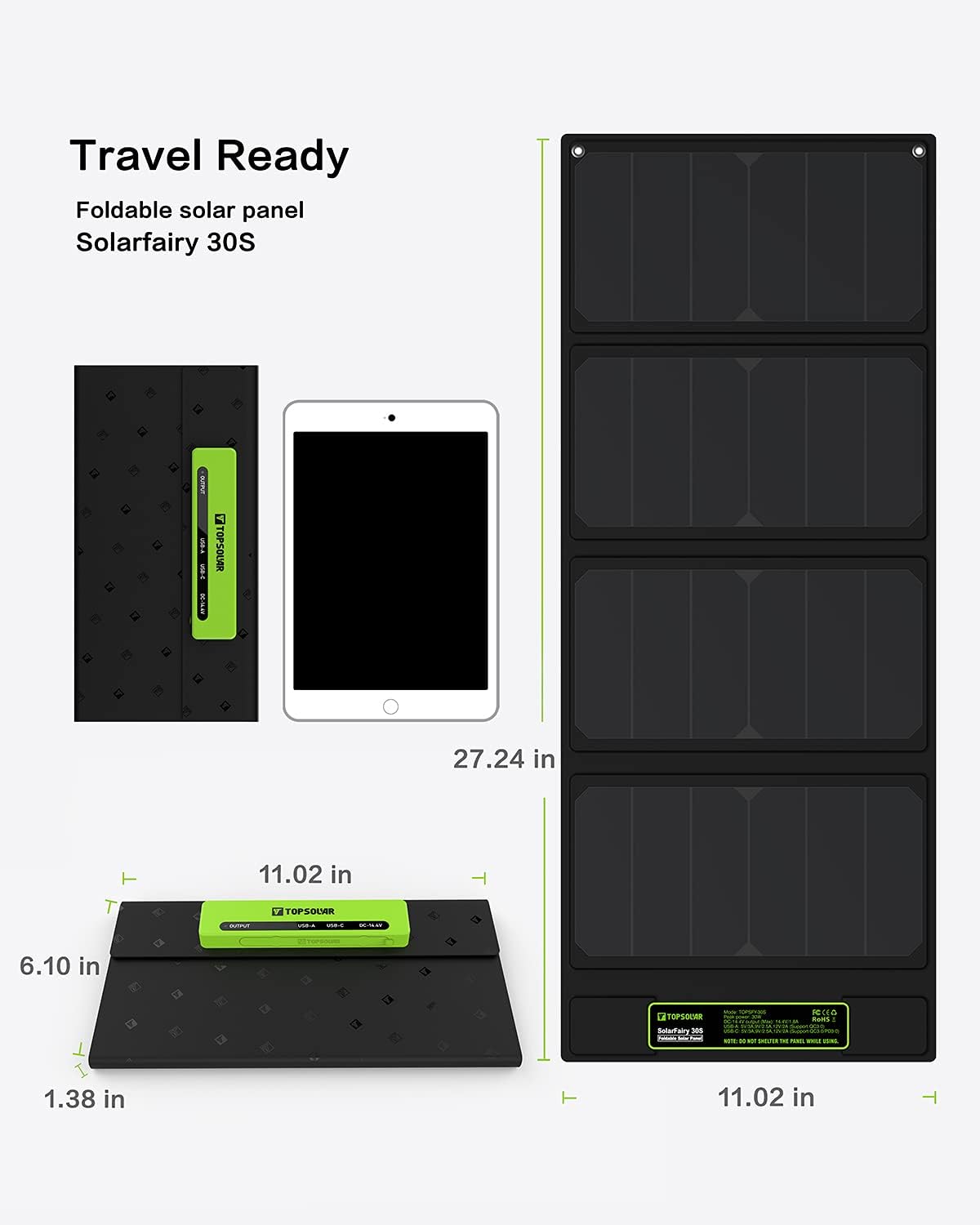 Topsolar SolarFairy 30S Foldable Solar Panel 30W Portable Battery Charger Kit for Cell Phone Power Bank Car Boat RVs Off Grid Charge 12V Batteries & 5V Device: Electronics