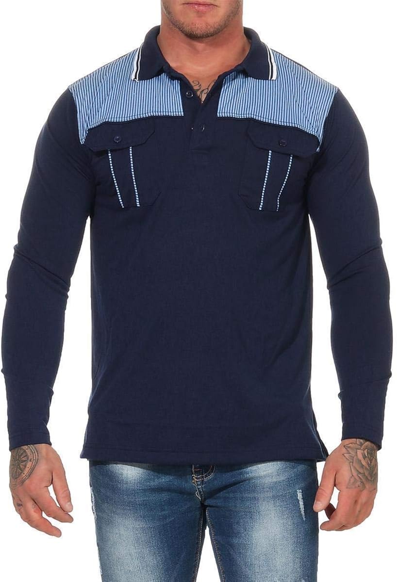 Men's longsleeved polo shirt with chest pockets. Blue Medium