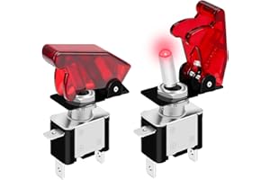 DaierTek Red 12V LED Lighted Toggle Switch with Aircraft Guard Safety Flip Cover 12 Volt DC 20A Heavy Duty Covered Illuminated Lit for Racing Auto Car ATV UTV Golf Cart -2Pack