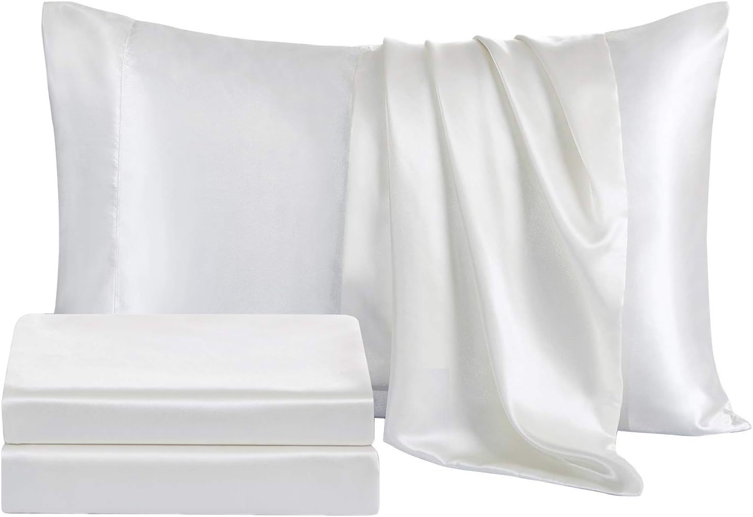 Chvonttow 4 Piece Satin Sheets King Size Luxury Silky Satin Bed Sheets Set, Wrinkle, Fade, Stain Resistant, 1 Deep Pocket Fitted Sheet + 1 Flat Sheet + 2 Pillowcases (Ivory White): Home & Kitchen