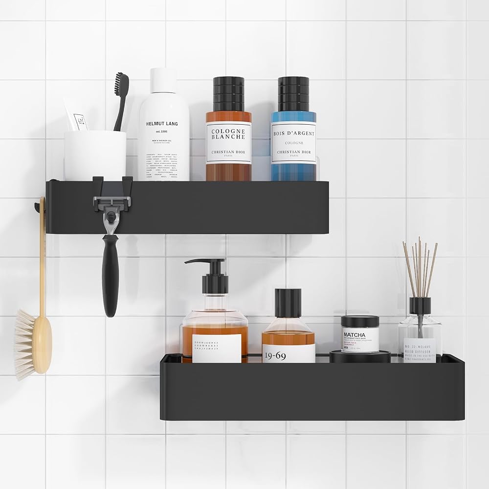 Kitsure 2 Pack Rustproof Shower Caddy Large Shelves Drill-Free 4 Hooks Black