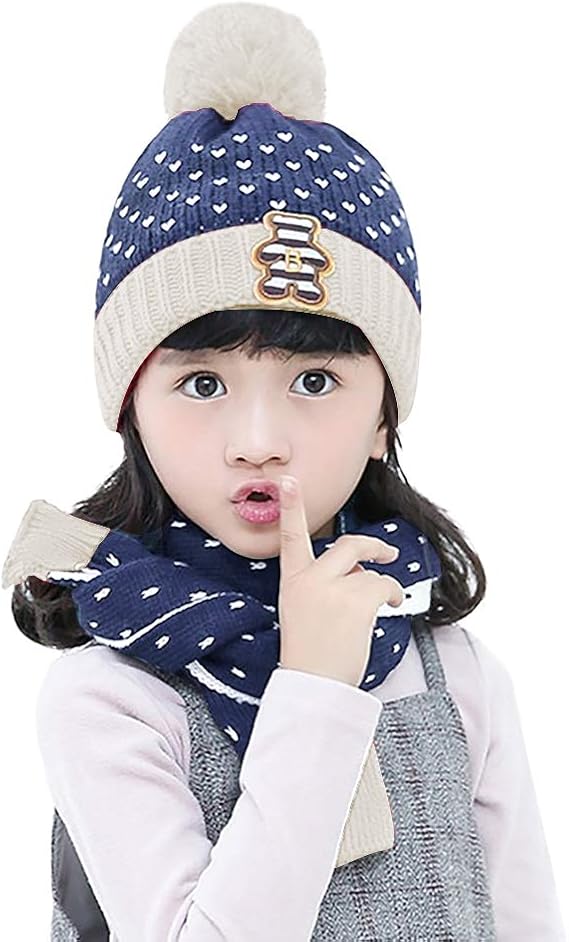 Amazon 子供用 キャップ ニット帽 マフラー 2点セット 裏起毛 あったか ハート模様 ボンボン付き 可愛い スヌード ネックウォーマー 帽子 2 8歳 防寒対策 アウトドア お出かけ 通学 男の子 女の子 秋冬 ブルー マフラー 通販