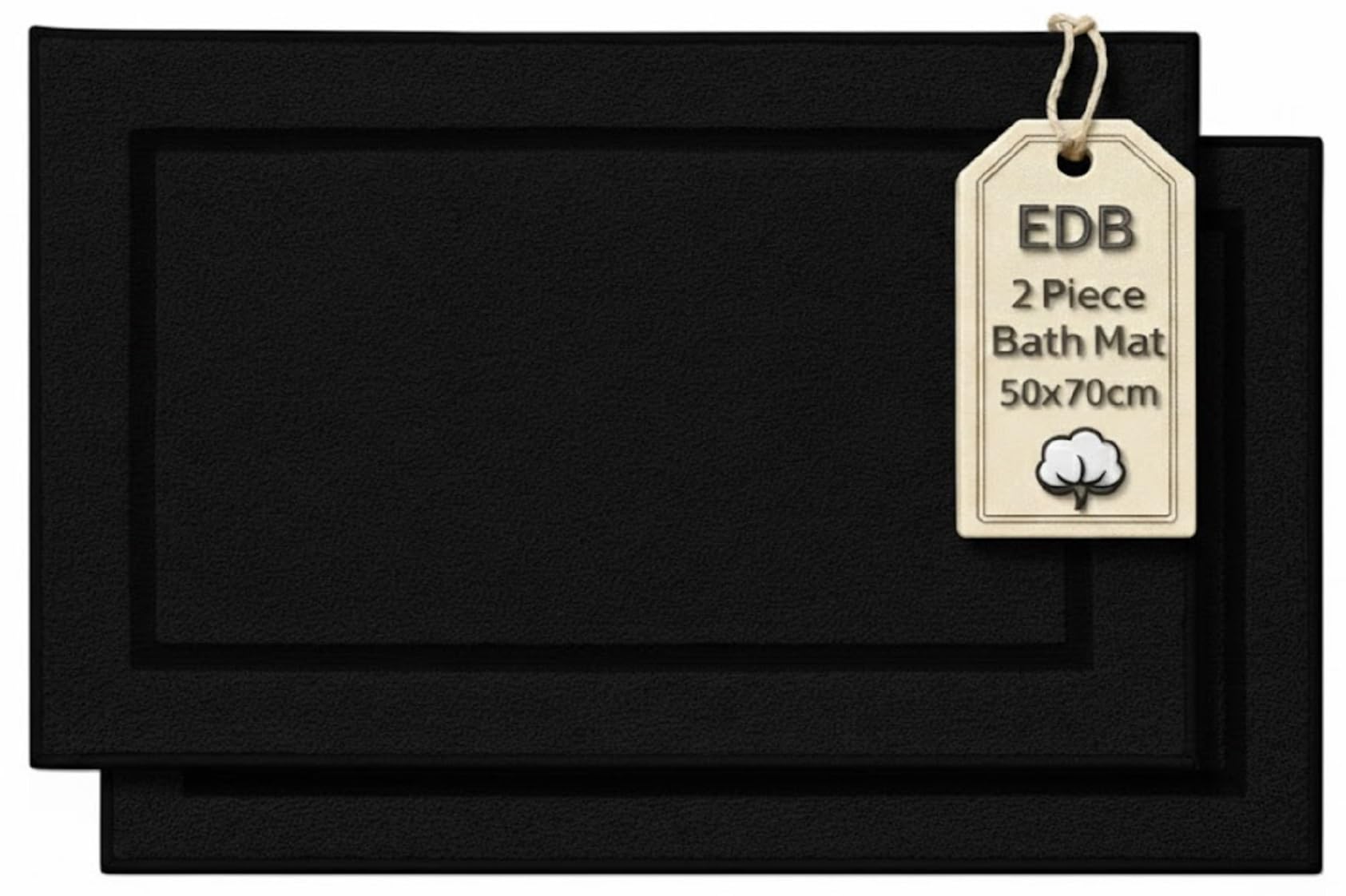 EDB Pack of 2 Terry Toweling Bath Mats Set 100% Cotton Maximum Absorbency Quick Dry 50 x 70 cm Machine Washable Soft 1000-GSM (Black)