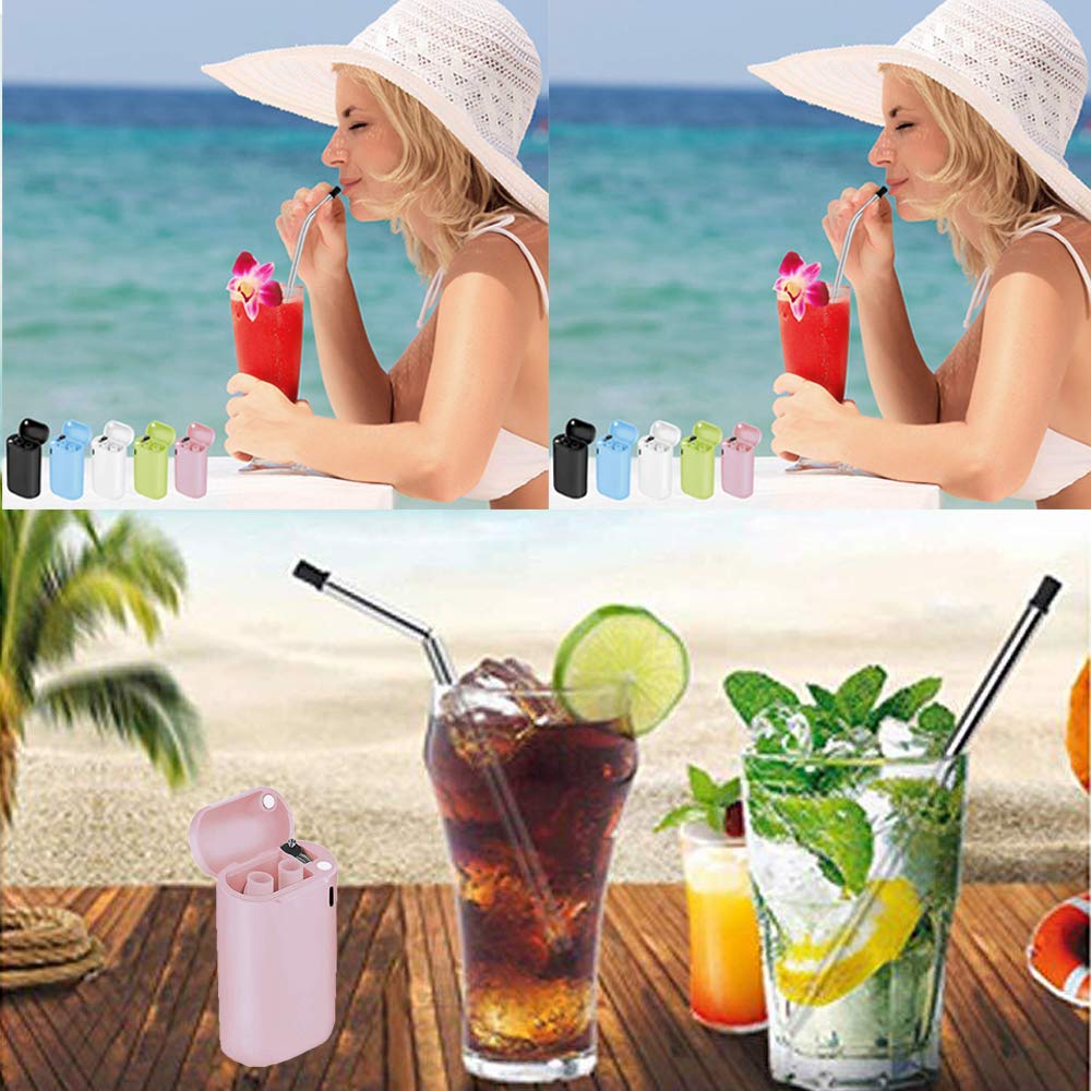 Tegutor 2 Pack Collapsible Reusable Straws, Stainless Steel Folding Drinking Food-Grade Silicone Straw, Portable with Hard Case Holder and Cleaning Brush for Party, Travel, Outdoor, Household, etc