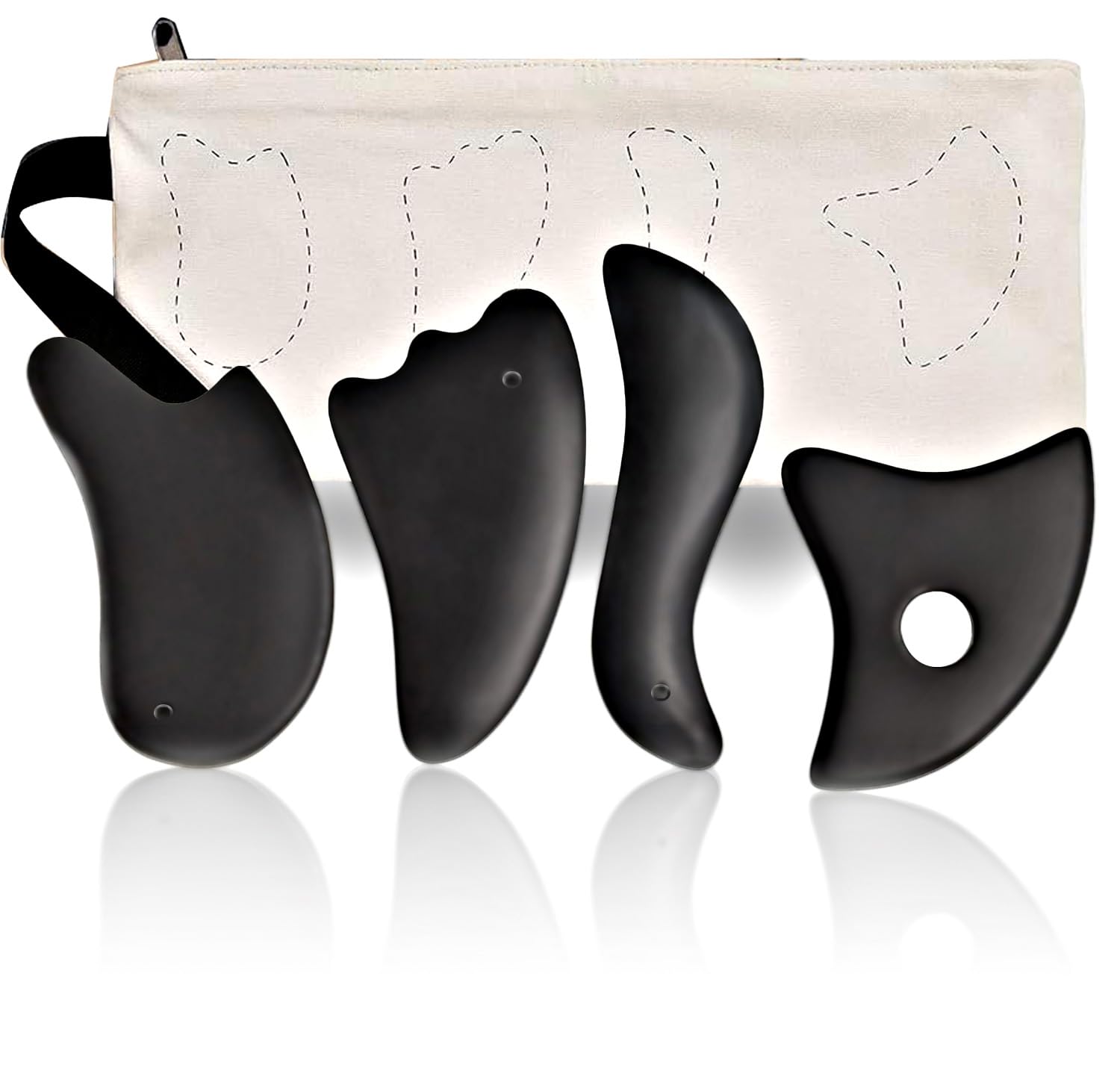 IRIVER BLANK Gua Sha Facial Tools Set of 4 -Bian Stone for Face & Body:Glowing Massage,Daily Skincare Routine, Age-Rewinding,Face Lifting & Slimming Beauty Kit for Woman(Black)