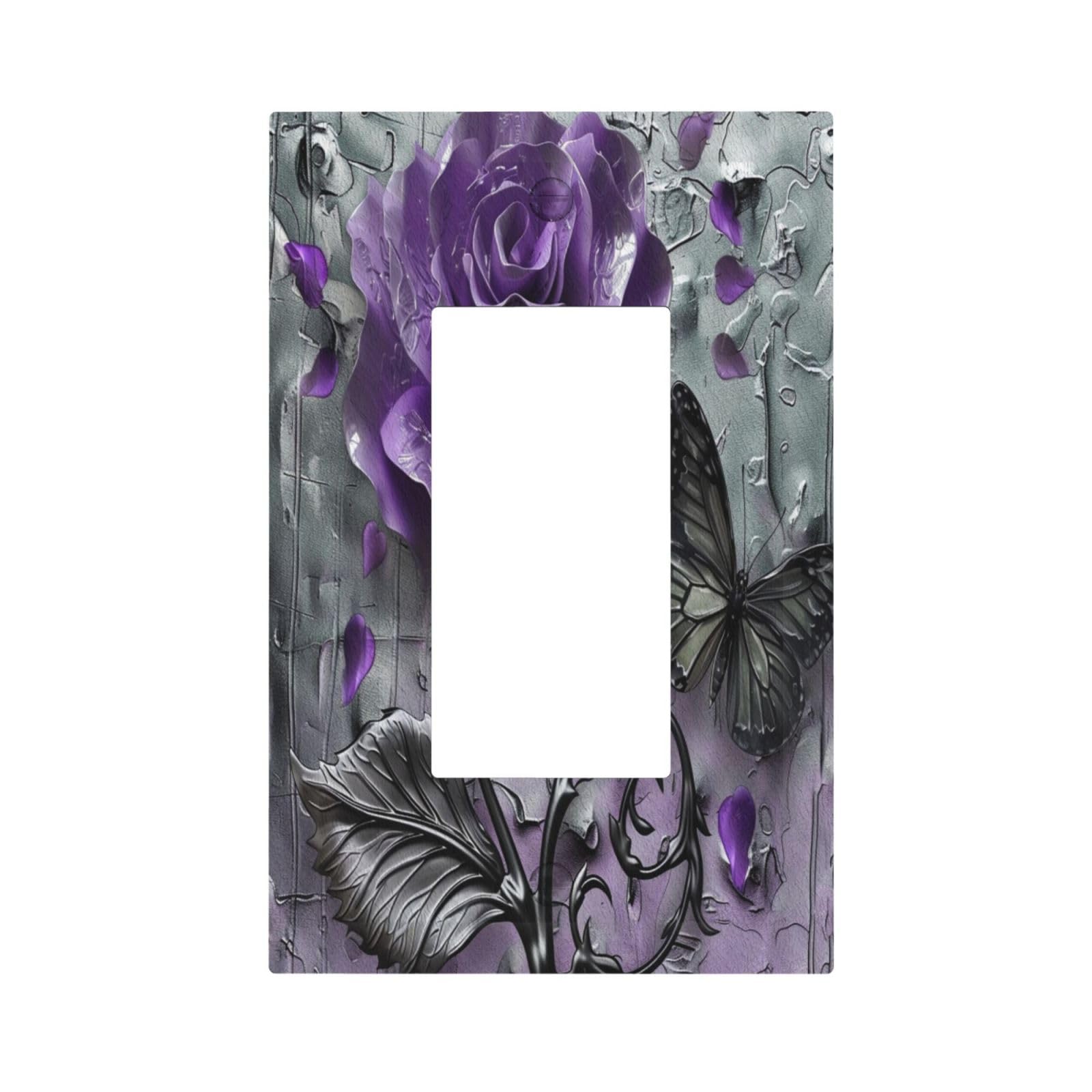Photo 1 of ROUGUI Decorative Outlet Covers Purple Rose Butterfly Silver Textured 1 Gang Single Decora GFCI Device Light Switch Cover Plate 1 Rocker Wall Plate Jumbo Switch Plate Cover for Bathroom Decor