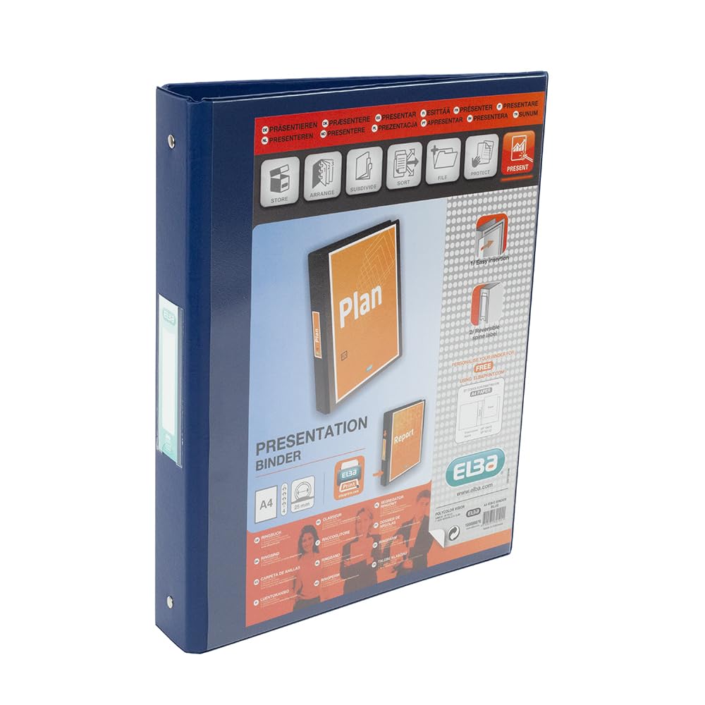 Elba A4 4 O-Ring Binder, 25mm capacity, 30mm spine, Presentation Folder with Customisable Cover, Portrait, Blue (Single)
