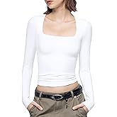 PUMIEY Women's Square Neck Long Sleeve T Shirts Slim Fit Tops Basic Tee Smoke Cloud Pro Collection