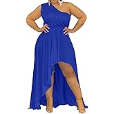 Ekaliy Women's Plus Size One Shoulder Dress Elegant High Low Irregular Hem Flowy Party Cocktail Maxi Dress