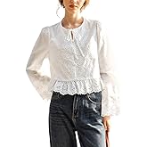 EVAZOU Women's Boho Eyelet Embroidery Crop Blouse, Round Neck Pearl Button Lace Hem Spring Long Sleeve Cotton Retro Top