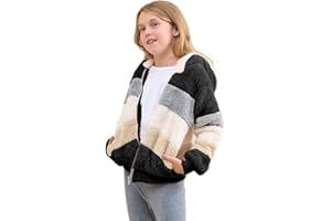 Dugcew Girls Zip up Hoodie Kids Soft Fuzzy Fleece Jacket with hood Fall winter Contrast color Pullover Sweatshirt for girls