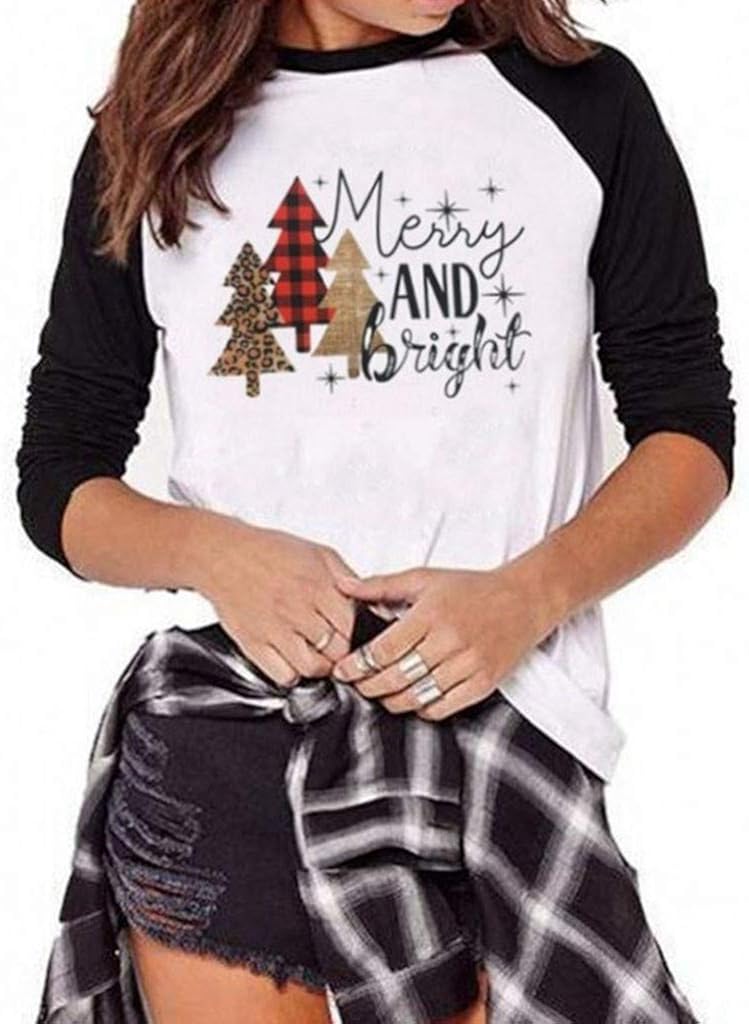 Amazon.com: Xmas Tops for Women Long Sleeve - Ladies Christmas Tree Printed Raglan Pullover 