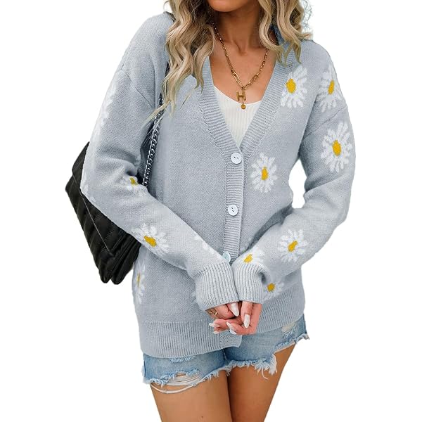 ROYUNA Women's Y2K Daisy Flower Cardigan - Cute V-Neck Open Front Knit Sweater For Spring & Fall
