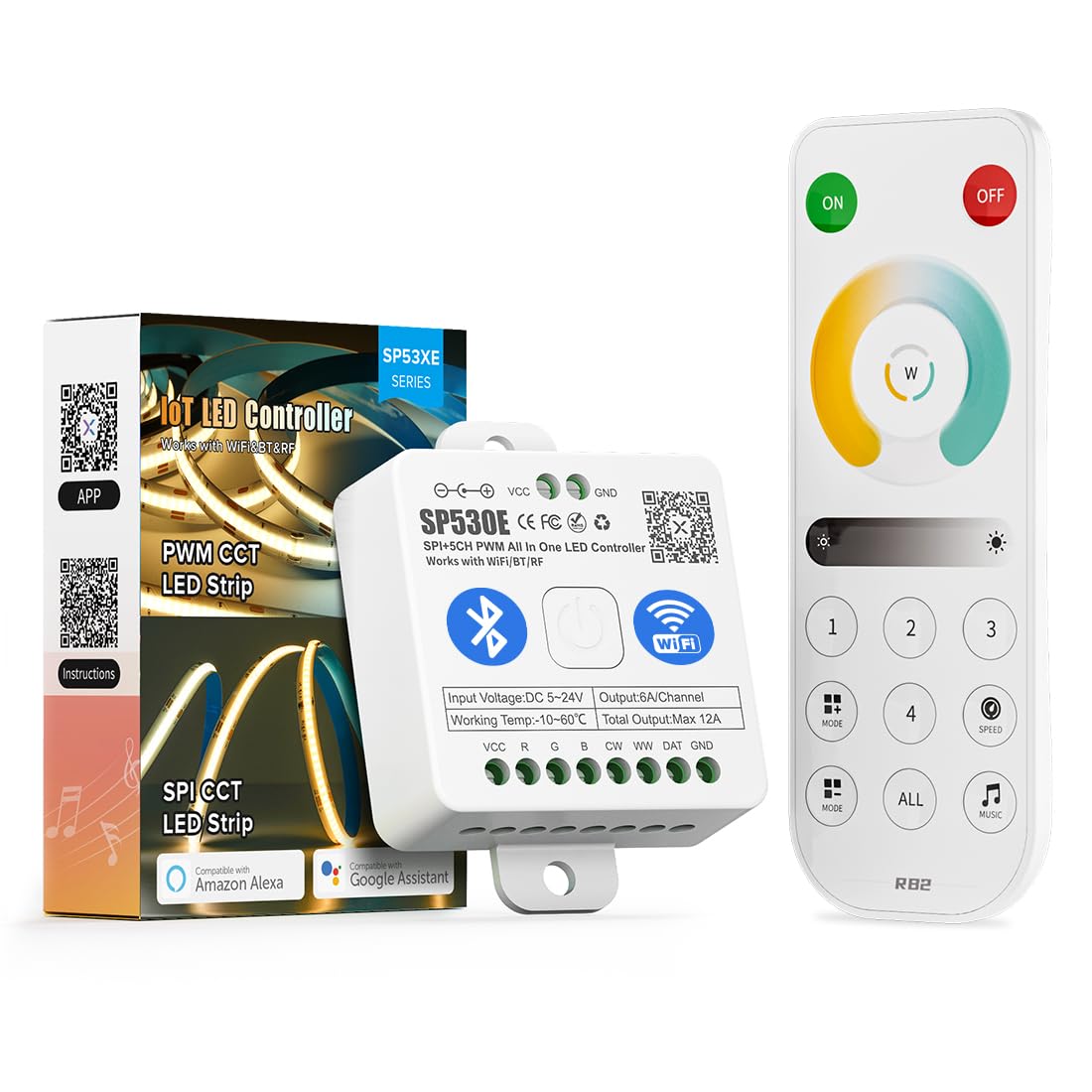 BTF-LIGHTING 4 Zones 2.4GHz RF Remote RB2 & SP530E WiFi Bluetooth Controllers Kit Support FCOB COB SMD PWM or SPI CCT Dual White Tunable Color Temperature LED Strip DC5V DC12V DC24V