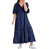 chouyatou Women's Summer Loose Floral Lace Eyelet Dress Boho Casual Notch Neck Maxi Tunic Beach Dress