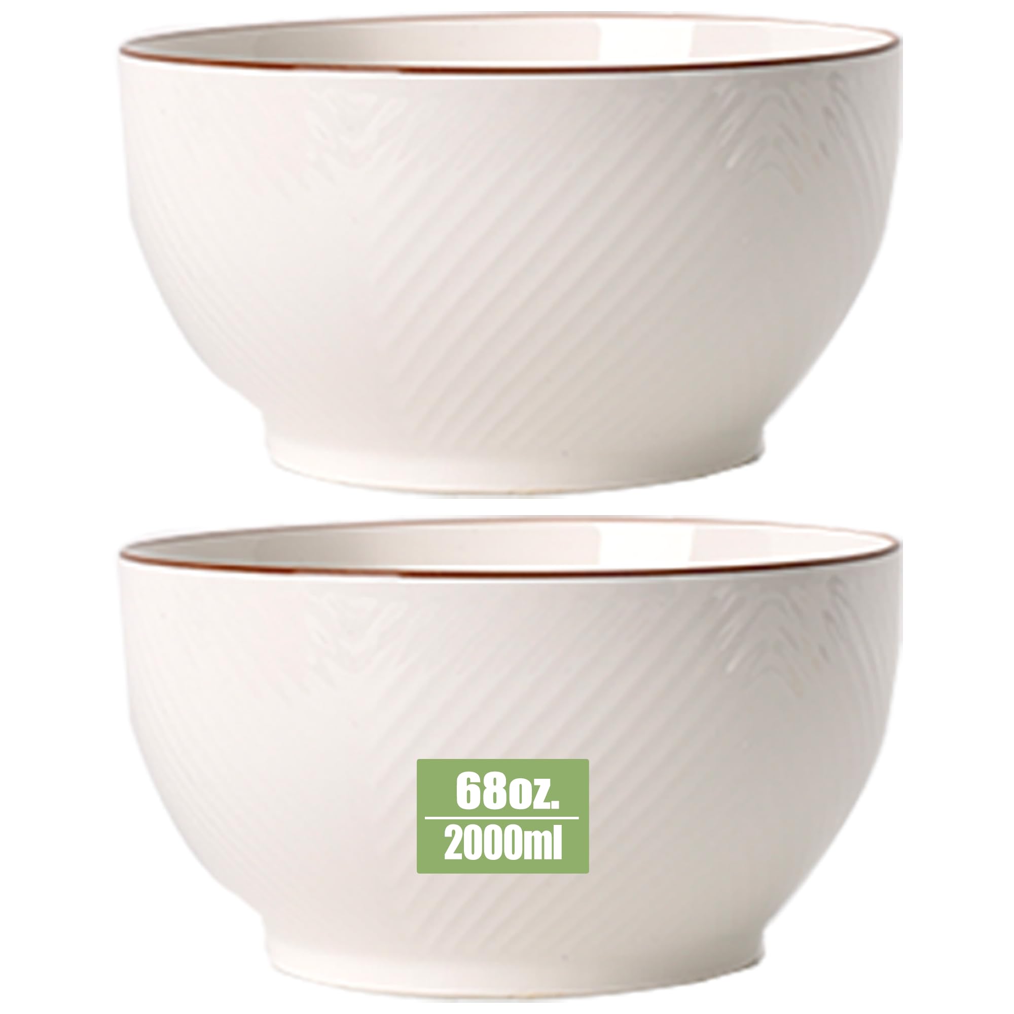 ALLUSEIT Serving Bowls, 8" | 68oz White Grid Pattern Ceramic Bowl Set of 2 for Salad Soup Pho Ramen Fruit etc. Large Porcelain Bowl for Mixing, Prep, Kitchen, Party, Microwave Safe