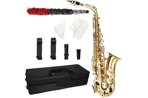 Kcelarec Alto Eb E-flat Saxophone Gold Lacquer SAX Beginners Kit with Case, Mouthpieces,Gloves,Aglet,Cleaning Cloth,Reed (Style 2)