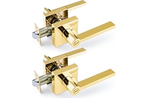 EHOMEWARE 2 Pcs Polished Brass Door Handles, Keyless Interior Bedroom Bathroom Door Knobs, Door Knobs Interior in Gold Finish, Privacy Door Levers Heavy Duty Contructions, Modern Door Lock