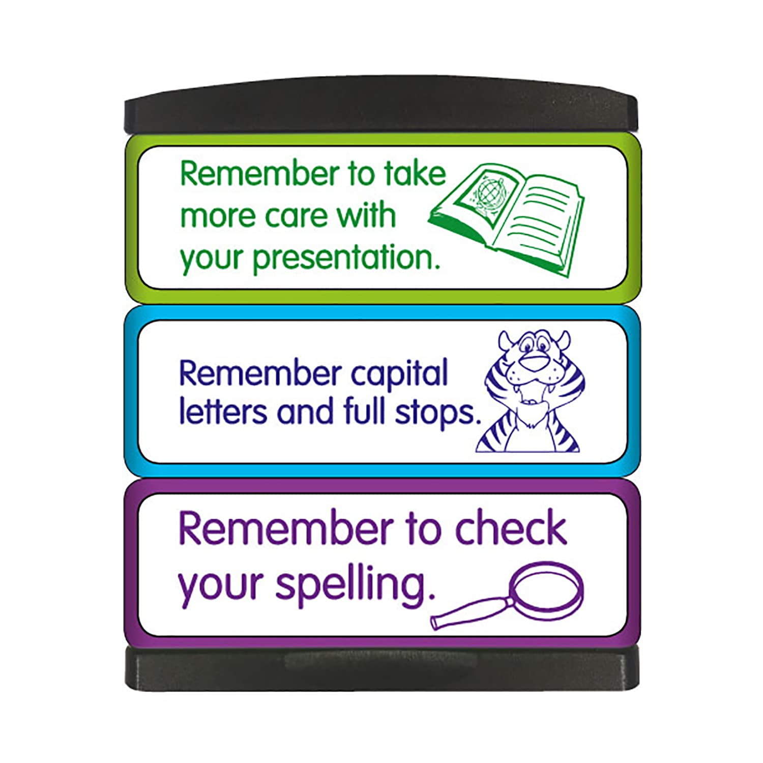 3-in-1 Stackable Take Care with Presentation Capital Letters Full Stops Check Spelling Pre Inked School Teachers Progress Feedback Marking Stamper Stamp 44x13mm Primary Teaching Services