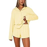 Yoawdats Women 2 Piece Button Down Pajamas Set Cotton Long Sleeve Shirt + Shorts Sleepwear Soft Pj Lounge Set Fall Nightwear