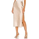 Womens High Waisted Satin Midi Skirts Elegant Flared A Line Elastic Waistband Silk Slit Skirt for Women