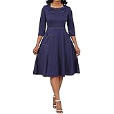 Elainone Women A-line Dress 3/4 Sleeve Wedding Guest Church Semi Formal Casual Dresses Bow-TIE Neck with Pockets