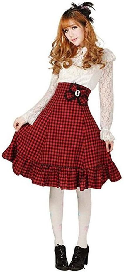 MSLONG Sweety Girls Cosplay Lace Skirt Red and Black Plaid High-Waist Lolita Bowknot Bubble Skirt (L)