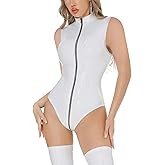 FEOYA Metallic Bodysuit for Women Patent Leather Catsuit Lingerie Vinyl Skinny Bodysuit Pvc Jumpsuit Cosplay Clubwear