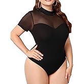 Milumia Women's Plus Size Cut Out Sheer Mesh Bodysuit Short Sleeve Mock Neck Fitted Going Out Top