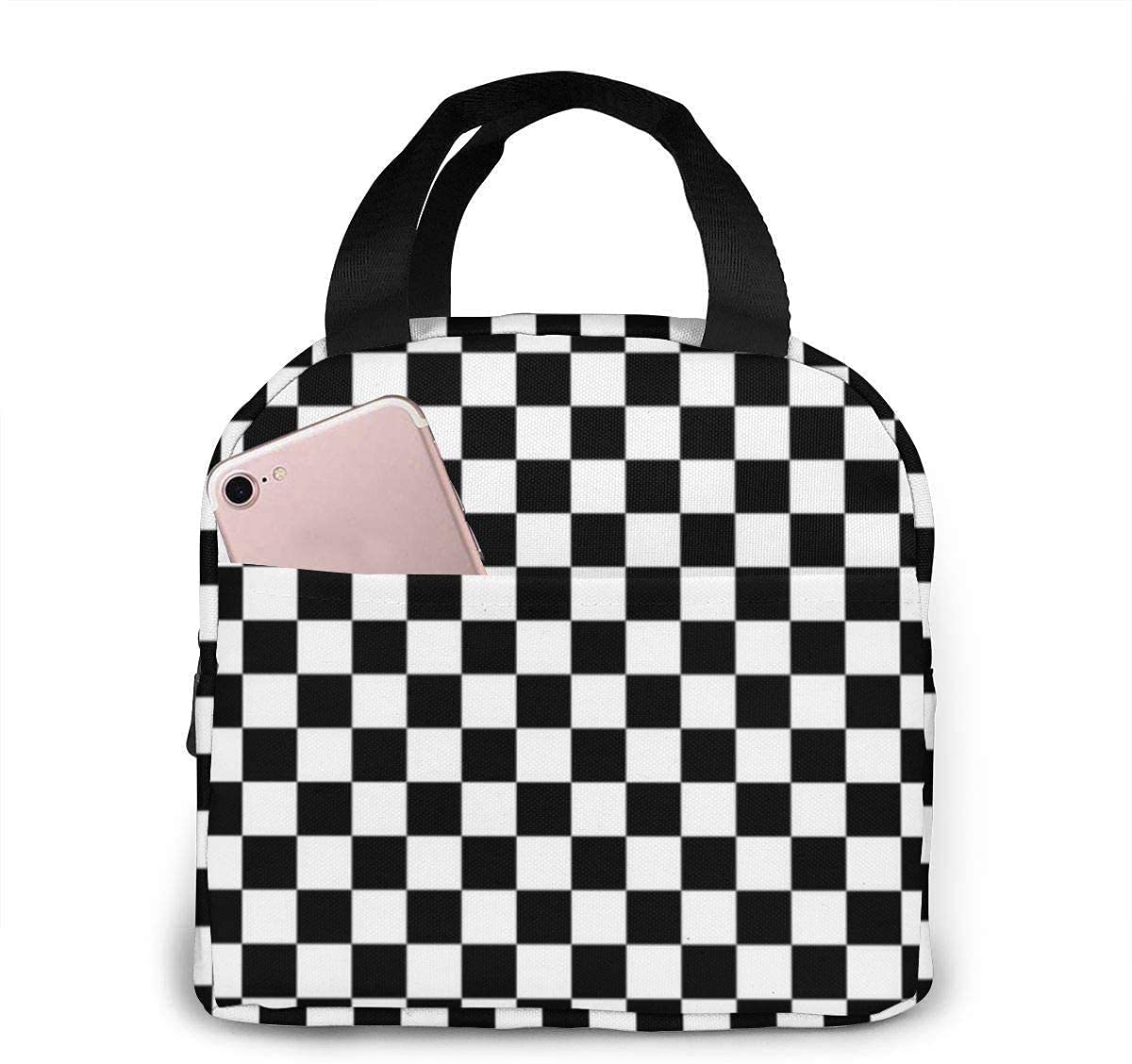 Lunch Boxes - Black & White Checkered Reusable Insulated Cooler Bag - Water-Resistant Thermal Meal & Snack Bag
