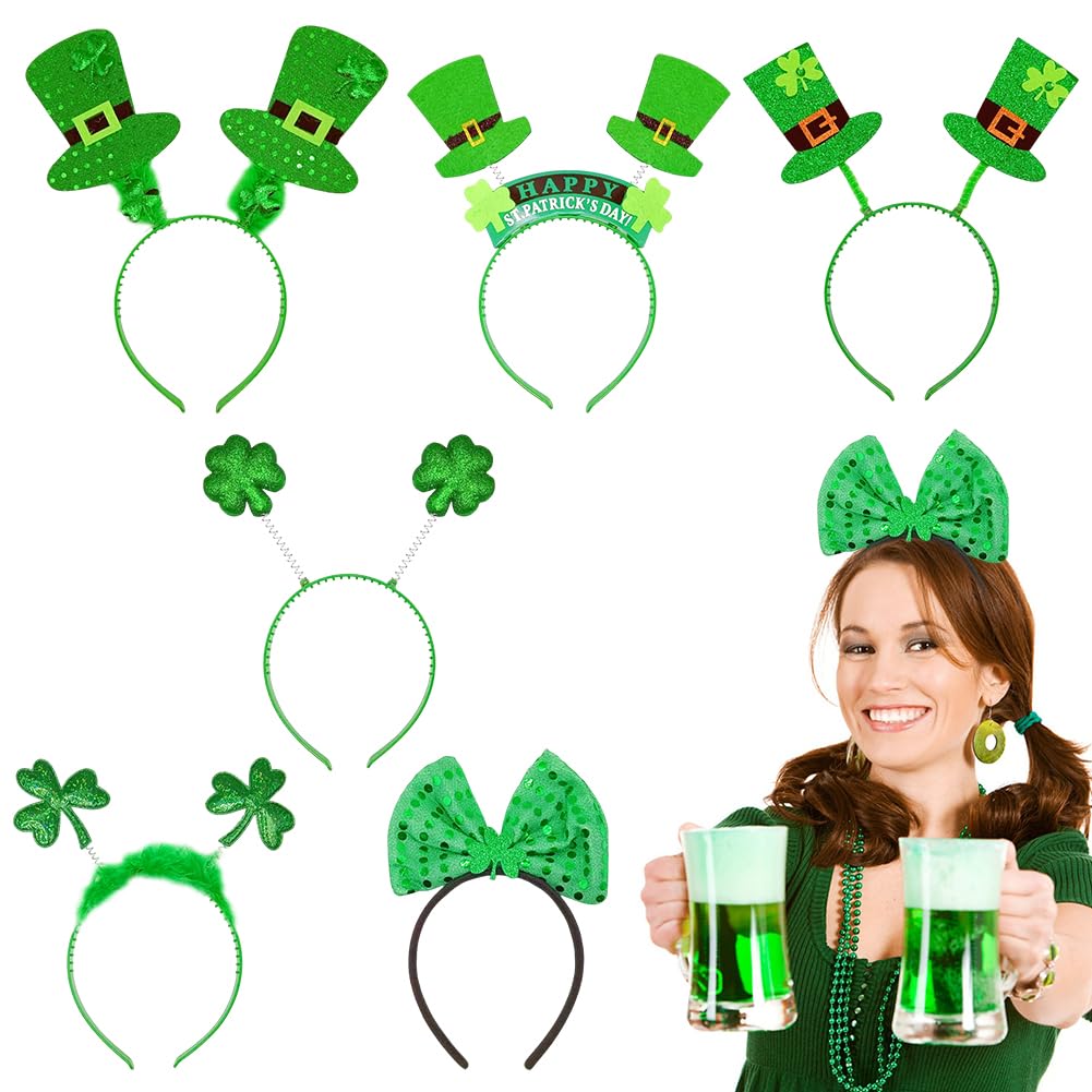MIFKLMV 6 pcs St Patrick's Day Headbands, Irish Headband St Patricks Day Accessories Head Boppers Green Shamrock Headbands for Adults Kids